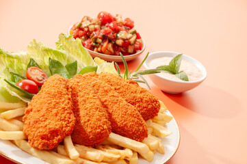 Spicy Tandoori Breaded Chicken Fried fillets with fires and salads