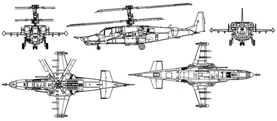 Drawing of russian military helicopter. Black shark.
General view. Top, side, bottom view.  Cad scheme. 