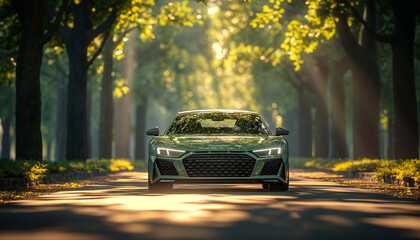 Sleek green sports car speeding through lush autumnal forest environment by  asphalt road. Dynamic motion blur adds to excitement of scene. Auto design and automotive production industry concept