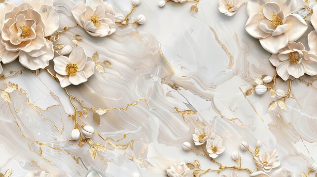 panel wall art featuring a marble background adorned with intricate white and golden flower designs, elevating the ambiance of any space as an exquisite wall decoration. SEAMLESS PATTERN