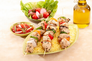 Chicken Shish Kabab with olive oil and radish salad with pickle 