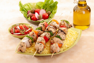 Chicken Shish Kabab with olive oil and radish salad with pickle 