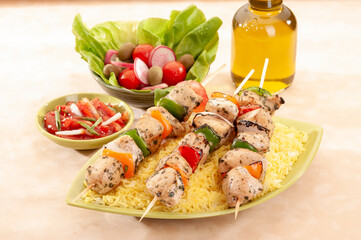 Chicken Shish Kabab with olive oil and radish salad with pickle 