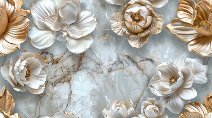 Fototapeta premium panel wall art featuring a marble background adorned with intricate white and golden flower designs, elevating the ambiance of any space as an exquisite wall decoration. SEAMLESS PATTERN