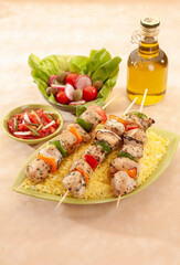 Chicken Shish Kabab with olive oil and radish salad with pickle 