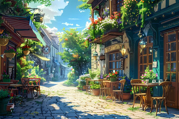 Illustrate a cozy cafe nestled in a quaint European alleyway