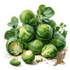 Fototapeta premium Watercolor Brussels Sprouts Illustration, Generative Ai