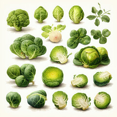 Fototapeta premium Watercolor Brussels Sprouts Illustration, Generative Ai