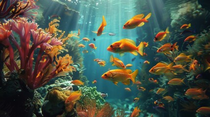 Fototapeta na wymiar A captivating aquarium scene with golden fish gracefully navigating through aquatic scenery, captivating viewers with their beauty.