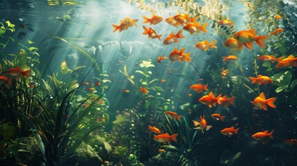 A captivating aquarium scene with golden fish gracefully navigating through aquatic scenery, captivating viewers with their beauty.