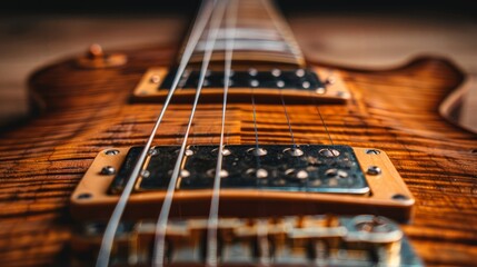   A tight shot of an electric guitar's neck and neck plates, against a backdrop of a wooden body and black strings - obrazy, fototapety, plakaty