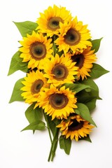 A bouquet of yellow sunflowers is arranged in a way that they are all facing the