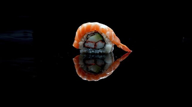 sushi arranged delicately on a sleek black background, accentuating its vibrant colors and exquisite presentation.