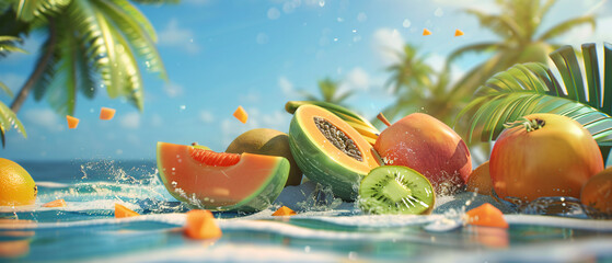 Tropical fruits on mango kiwi papaya ocean background