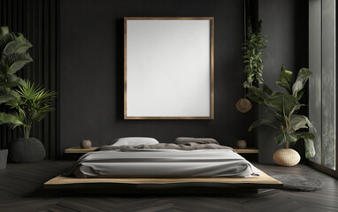 Blank wooden frame mockup on the wall in a modern bedroom with black and white tones. For commercial uses such as promoting your own painting . Generative AI.