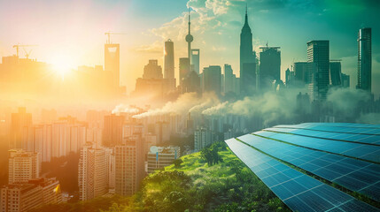 aerial view of city with green trees, clouds and fog in evening.