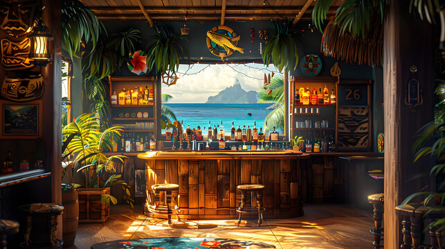 A vibrant, tropical tiki bar paradise with colorful cocktails and a relaxed atmosphere, perfect for a summer vacation or escape.
