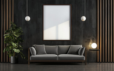 Blank wooden frame mockup on the wall in a modern living room with black and white tones. For commercial uses such as promoting your own painting . Generative AI.