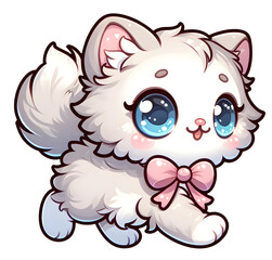 Adorable Fluffy Kitten with Big Blue Eyes and Pink Bow Clip Art Illustration