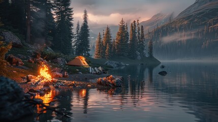 campfire nestled at the edge of an alpine lake, with camping gear and tents in the background, illuminated by soft twilight lighting.