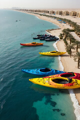 Paddle boards and kayaks on the shore at Reem island Abu Dhabi skyline in the background, Ai generated.