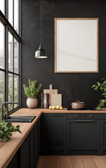 Blank wooden frame mockup on the wall in a modern kitchen with black and white tones. For commercial uses such as promoting your own painting . 