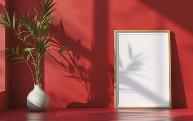 Empty horizontal frame mockup in modern minimalist interior with plant in trendy vase on red tones, and a wall in the background. Template for artwork, painting, photo or poster. Generative AI.