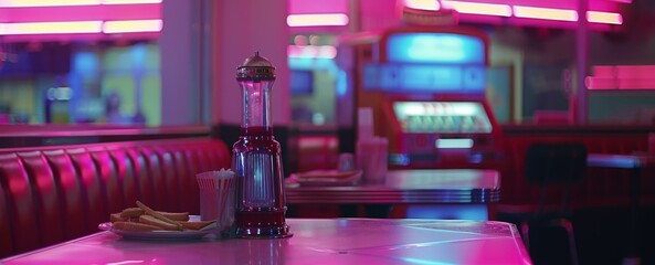 Retro pink diner interior with shiny pink tables and chairs, glowing blue and purple neon lights, and a vintage jukebox in the background. AI.