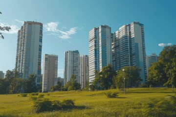 Obraz premium Modern apartment buildings in green residential area on a bright sunny day in a vibrant city setting