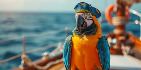 A parrot wearing a pirate hat is perched on the railing of a ship. AI.