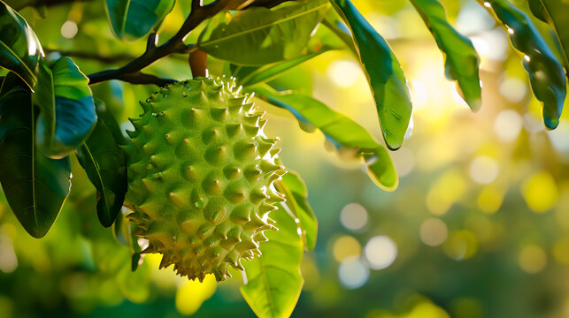 A green fruit with a lot of spikes on it. Soursop.