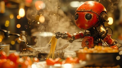 A robot chef is cooking pasta in a restaurant. AI.