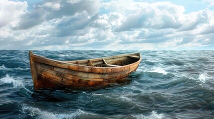 a wooden rowboat amidst the vast ocean with dramatic waves and clouds in the background, the boat...