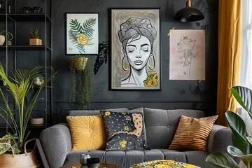 Modern Interior Oil Pastels Art: Stylized Female Portraits with Ink Drawings and Floral Accents