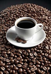 Cup of coffee with coffee beans on a black background, close up