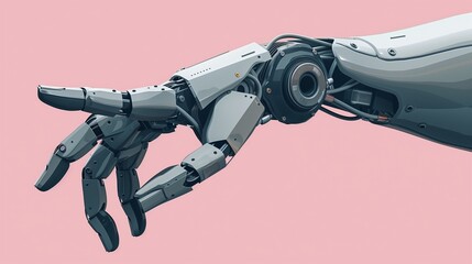 Flat solid color illustration of a steel grey industrial robot hand on a light pink background performing precision tasks. - obrazy, fototapety, plakaty