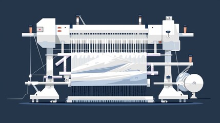 Flat solid color illustration of a white modern textile machine on a navy background weaving fabric. - obrazy, fototapety, plakaty