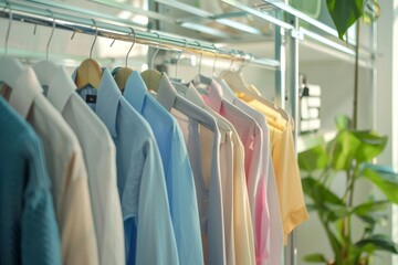 Clean clothes on hangers in organized wardrobe after dry-cleaning process, white background - Powered by Adobe