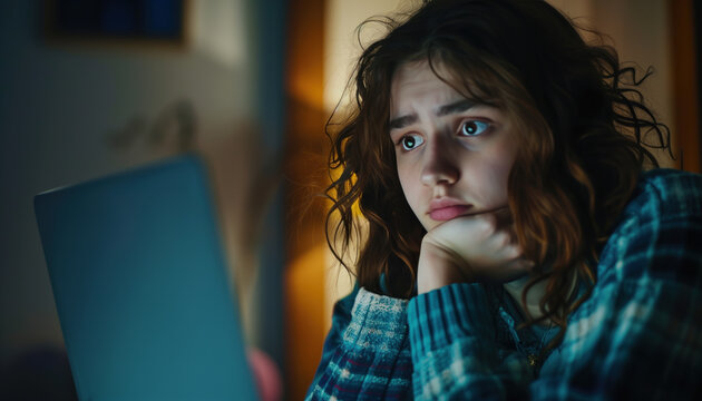 A close-up view of a woman looking anxious and worried at a screen.