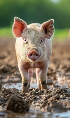 A cute little piglet standing in the mud looking at the camera. AI.