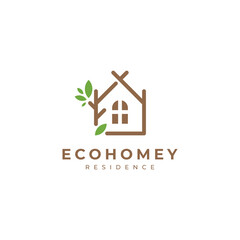 house and tree in line art logo style for eco-friendly house logo