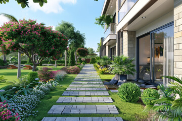 Fototapeta premium Luxurious Duplex Home with Manicured Garden and Pathway