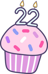 birthday cupcake with candle number 22 for happy birthday greetings card or invitation