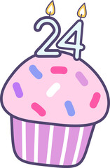 birthday cupcake with candle number 24 for happy birthday greetings card or invitation