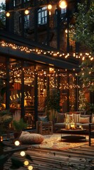 A cozy backyard patio with a seating area, coffee table, and potted plants, all lit up by string lights. AI.