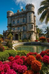 Fototapeta premium A beautiful castle with a moat and a garden full of flowers. AI.