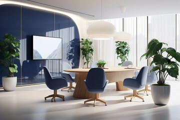 Elegant office meeting area with contemporary blue chairs and wooden table