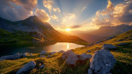 Naklejka premium Breathtaking sunset at zittauerhuette mountain lake in salzburg, austria, europe on a sunny day
