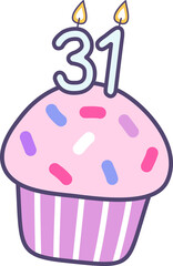 birthday cupcake with candle number 31 for happy birthday greetings card or invitation