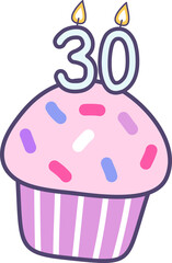 birthday cupcake with candle number 30 for happy birthday greetings card or invitation